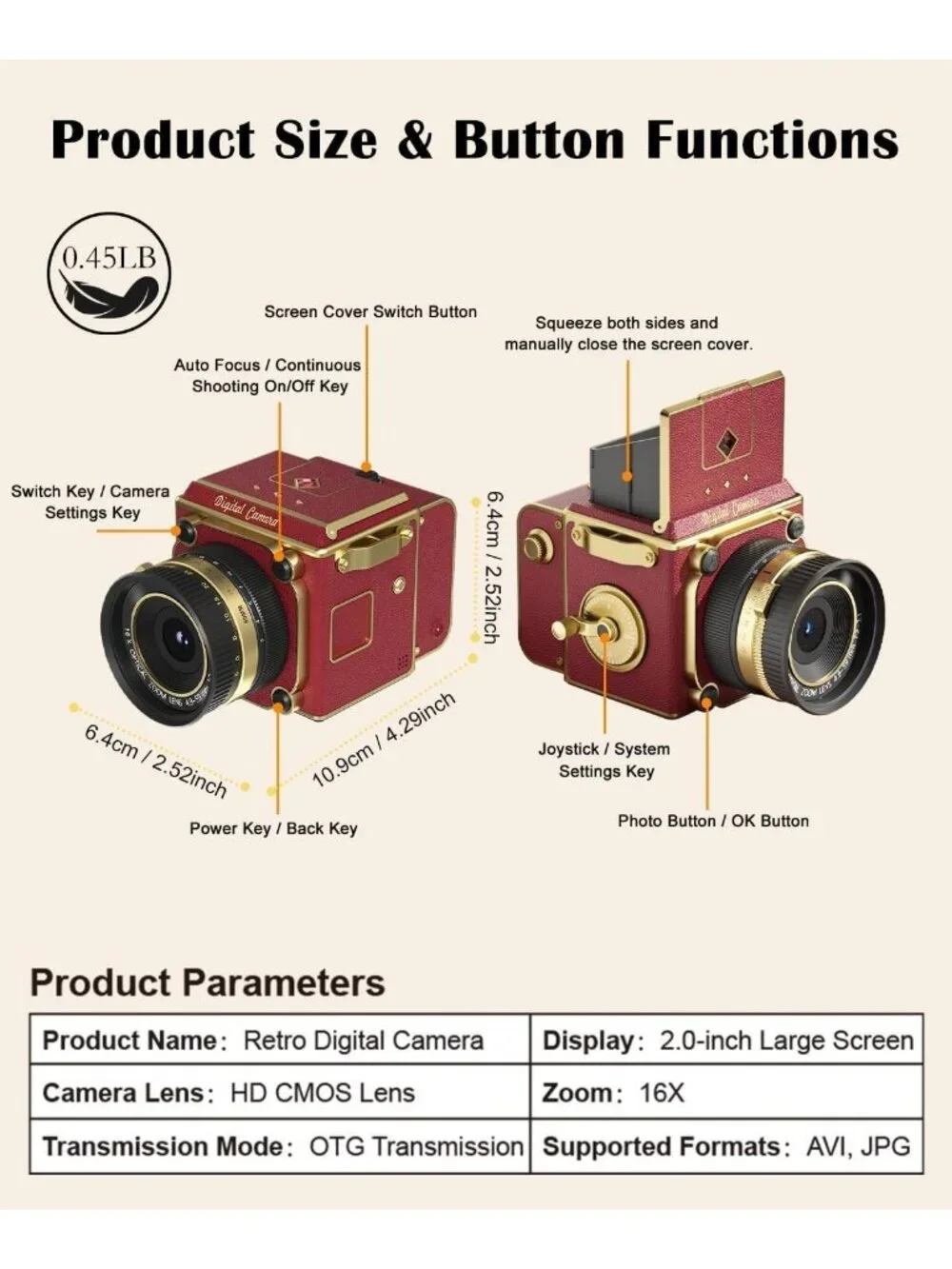64MP Retro Digital Camera, 2.7K Point & Shoot, Autofocus, 16X Zoom, Compact for